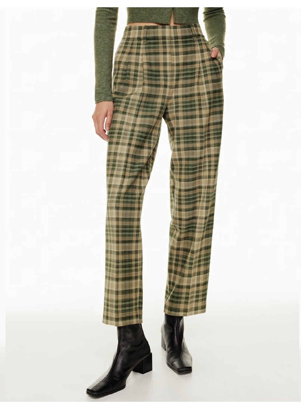 Aritzia Wilfred Carrot Pant Beige Green Plaid High Rise Size 10